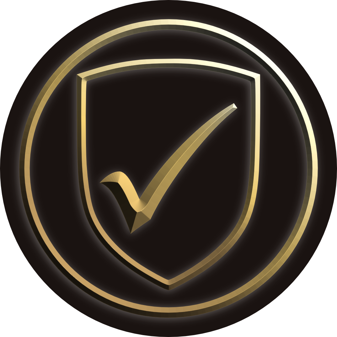 Black and gold emblem with a check mark design on a white background